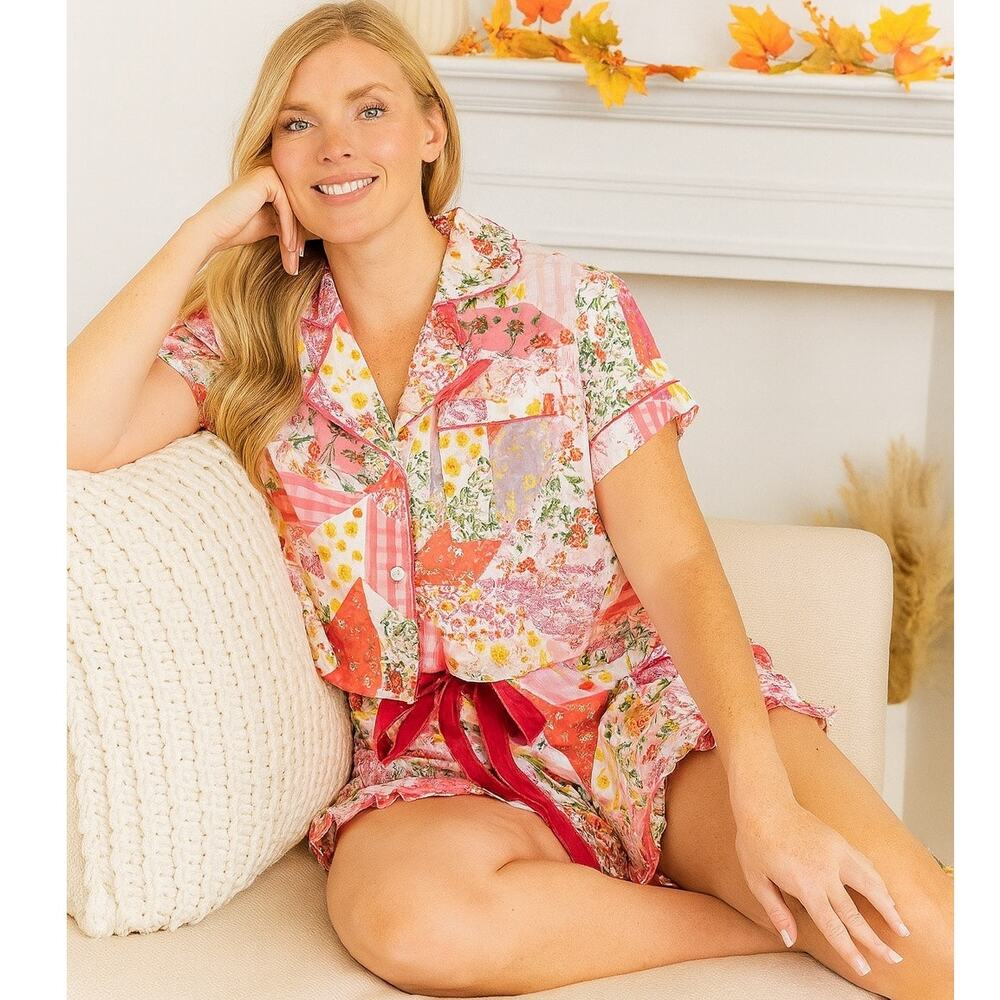 Simply Southern Floral Pajama Set Women's Size Large Shorts Pink Purple NEW Twee